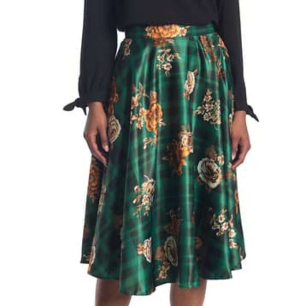Modcloth midi green plaid floral skirt SZ M